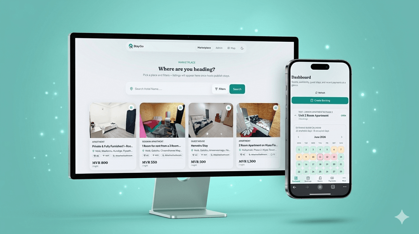 StayGo marketplace mockup showing POI search and listing cards on desktop and mobile